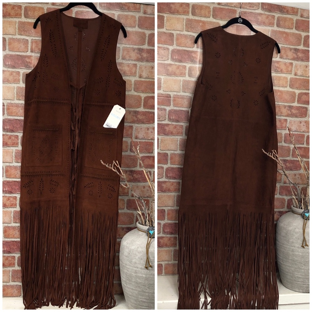 NWT Sundance Rosa Brown Suede Fringe Duster Vest Maxi Western Cowgirl